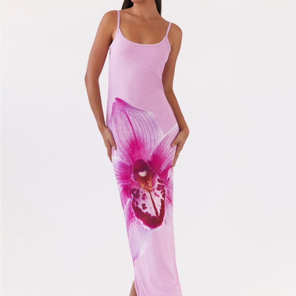 Pink Maxi Dress with Orchid Print - Peppermayo